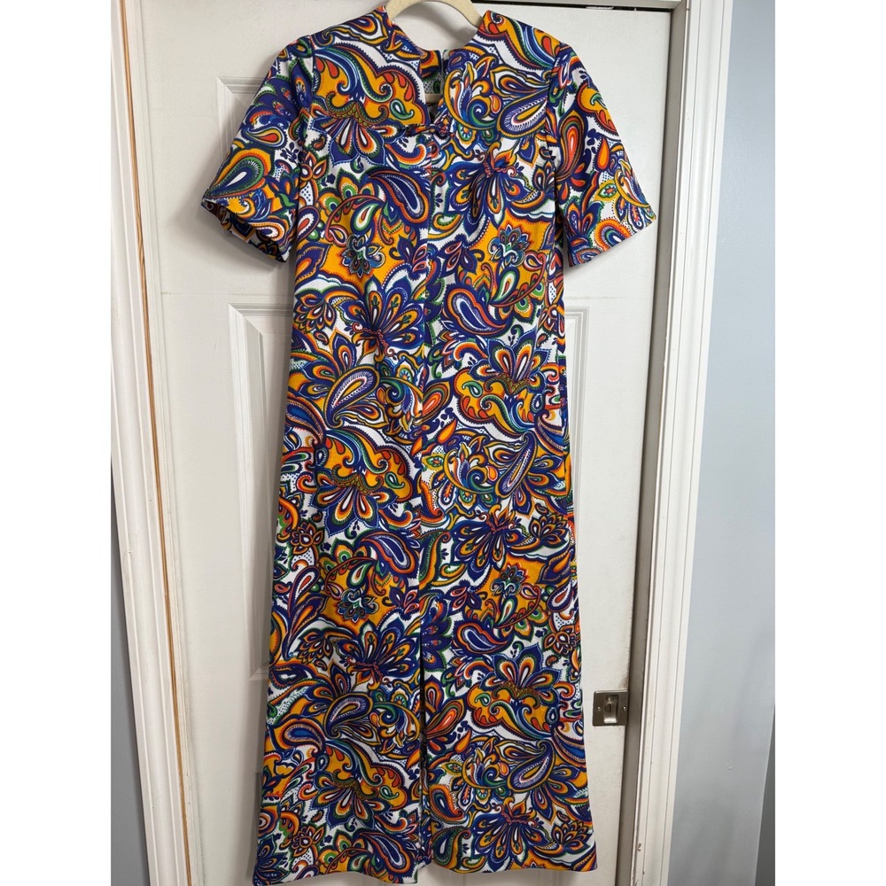 Ja Na of Hawaii Maxi Dress Paisley‎ Print Short Sleeve Vintage Size 6 bright 60s